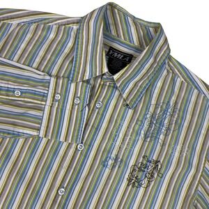 YMLA Men Striped Embroidered Long Sleeve Button Up Shirt Blue Green Cream Size M